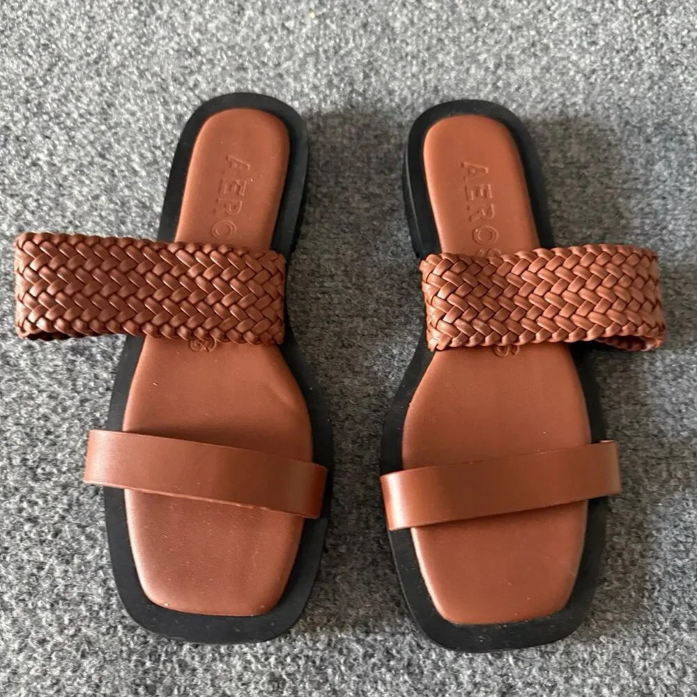 Aerosoles St. Lukes Woven Braided Slide Sandals Brown Leather Square Toe Size 8